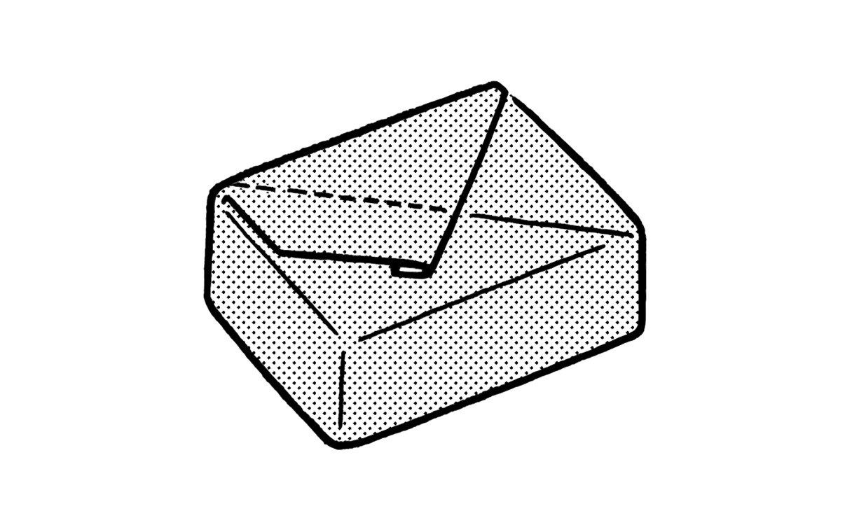 Illustration showing step 6 of Japanese gift wrapping technique with folded paper forming triangular flaps on a box.