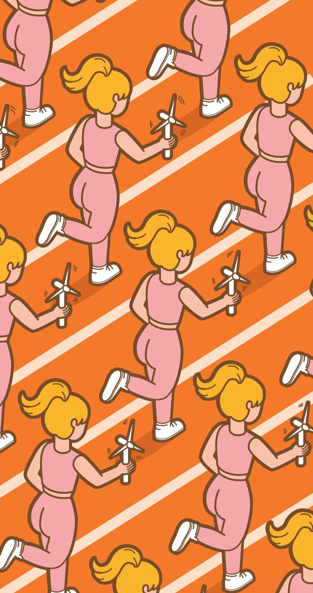 Illustration of women jogging in pink athletic wear holding pinwheels on an orange diagonal striped background.