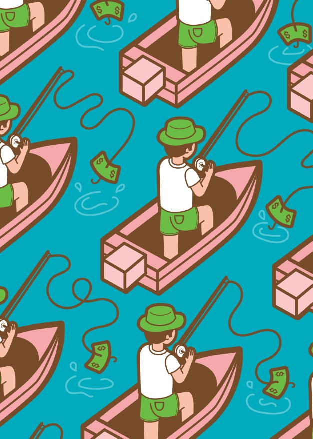 Illustration of people fishing in boats with money and fishing rods on a turquoise water background