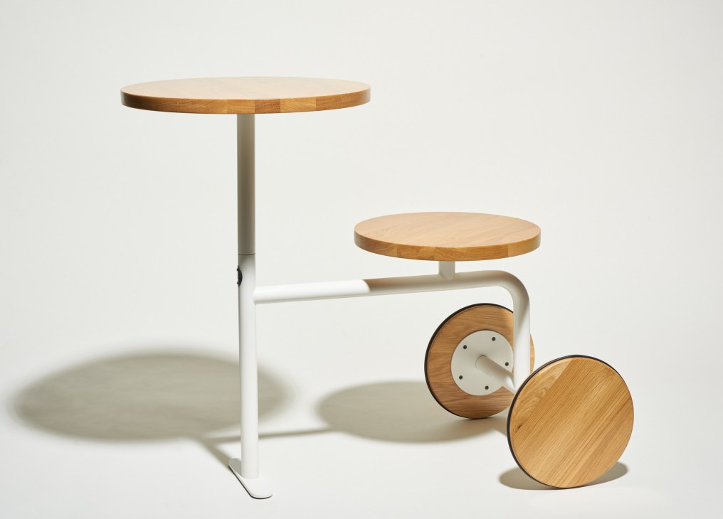 Les Basic Valet wheeled furniture piece with wooden circular shelves and white metal frame.