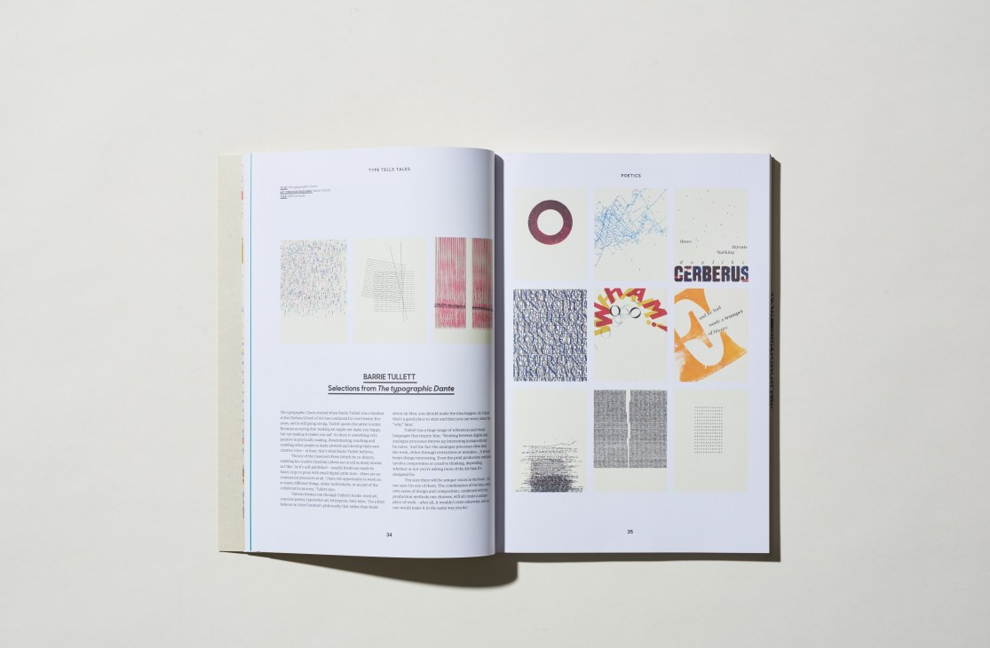 Open book showing pages about typography with various typeface examples and designs displayed
