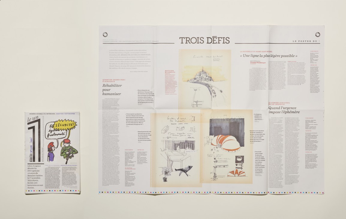Le Un magazine spread showing multiple folded sheet formats with illustrations, infographics and French text