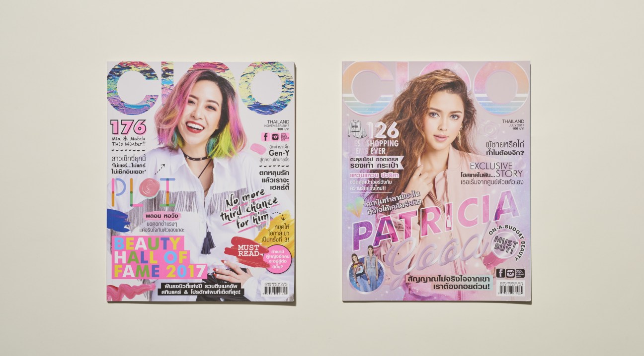Two Cleo magazine covers from Bangkok featuring vibrant 1980s-inspired design with bold typography and colorful graphics.