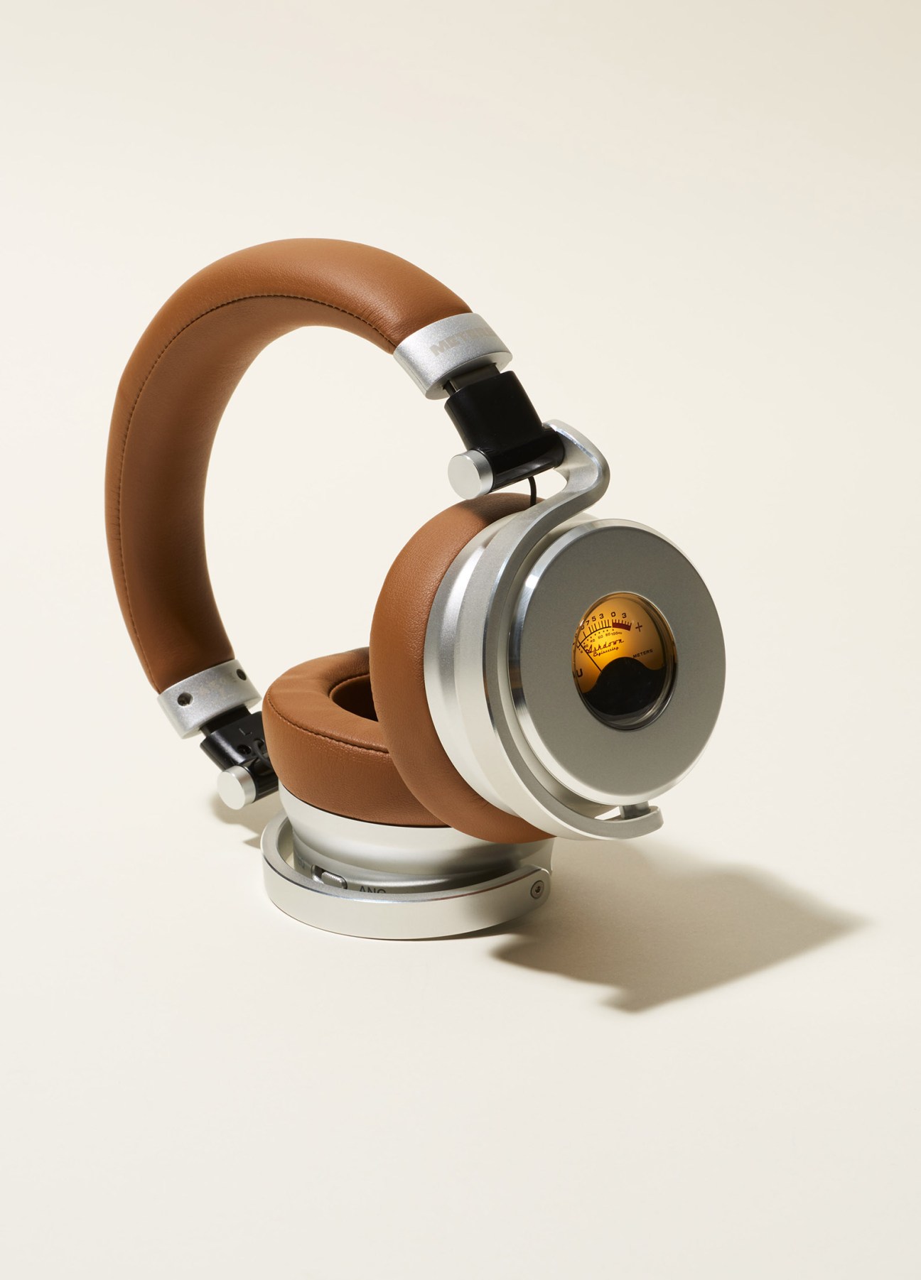 Meters studio ov-1 headphones with brown leather ear cups and silver metal accents