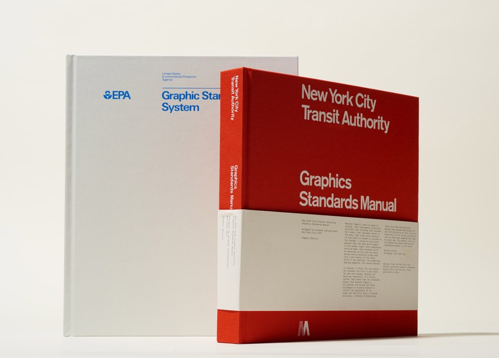 Two graphic design standard manuals side by side: a white EPA manual and a red New York City Transit Authority manual.