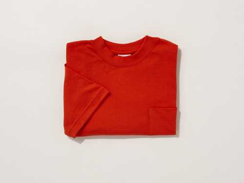 Camber Finest Pocket T-shirt in red cotton, folded on a neutral background.