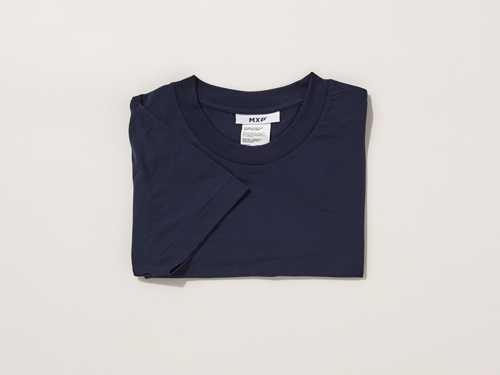 Navy blue folded MXP Fine Dry T-Shirt with care label visible