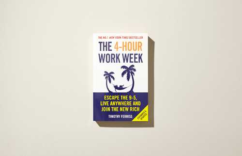 Cover of 'The 4-Hour Work Week' by Timothy Ferriss, featuring a white cover with blue and yellow text and a palm tree hammock design.