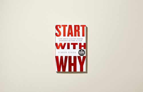 Book cover for 'Start With Why' by Simon Sinek with red and white typography on gray background.