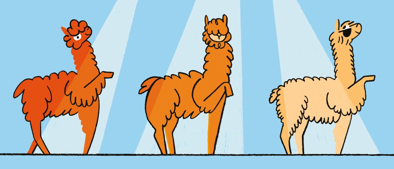 Illustration of three alpacas in orange and cream colors standing side by side against a blue background with white stripes.