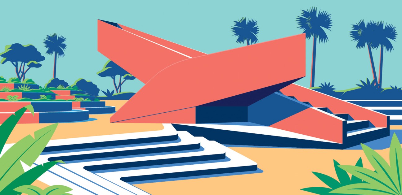 Illustration of Cicendo plaza in Bandung with stepped terraces, red canopy structures, palm trees and tropical vegetation.