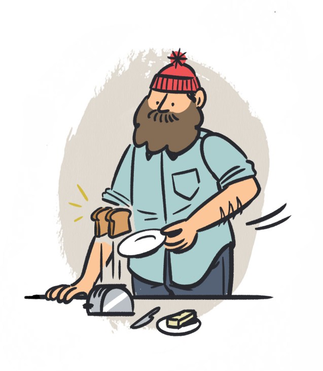 Illustration of a bearded man in a red winter hat and light blue shirt cooking with a frying pan and butter.