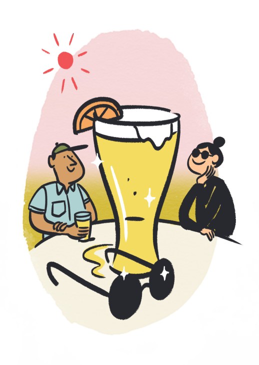 Illustration of two people drinking in sunshine next to a large beer glass with an orange slice.