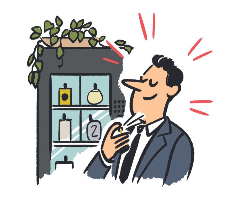 Illustration of a man spraying fragrance from a wall-mounted dispenser in a hotel bathroom.