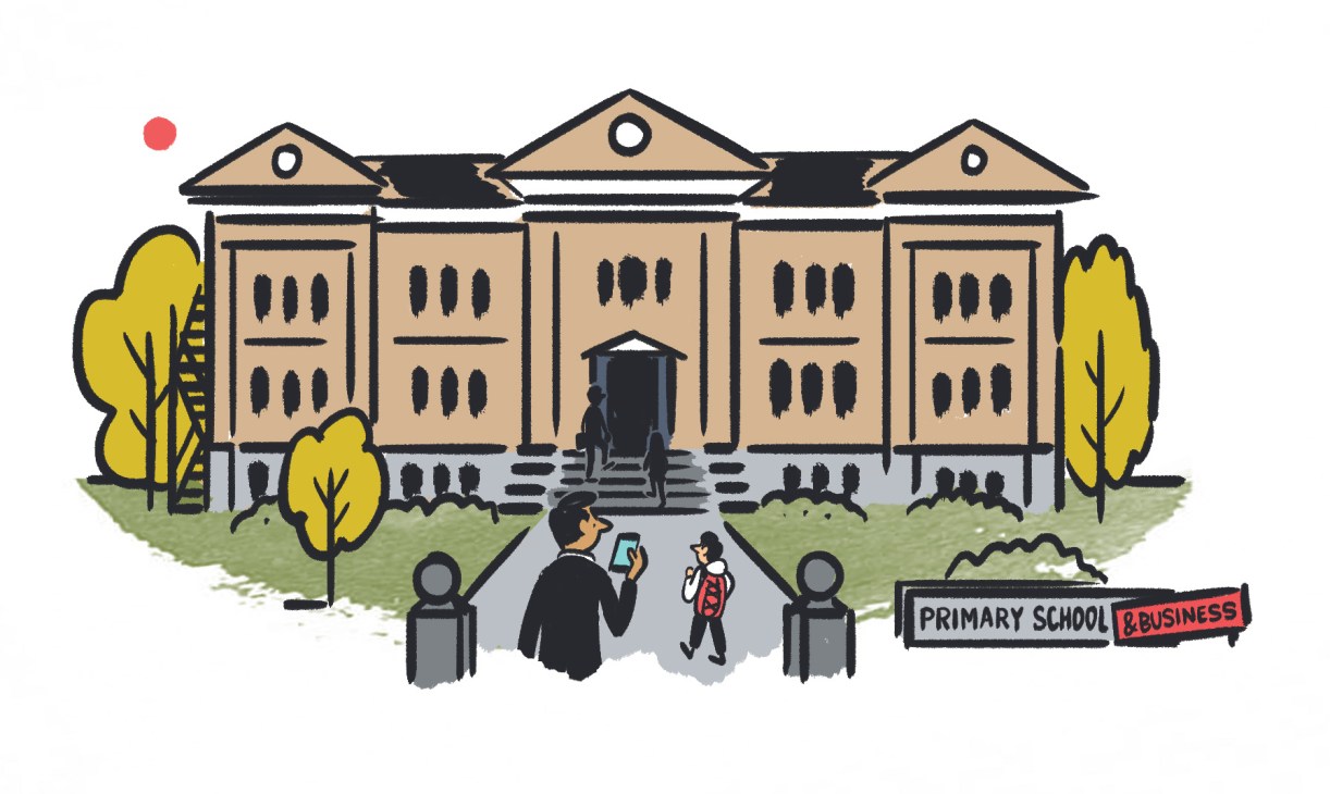 Illustration of a primary school building with entrepreneurs outside, labeled 'Primary School & Business'