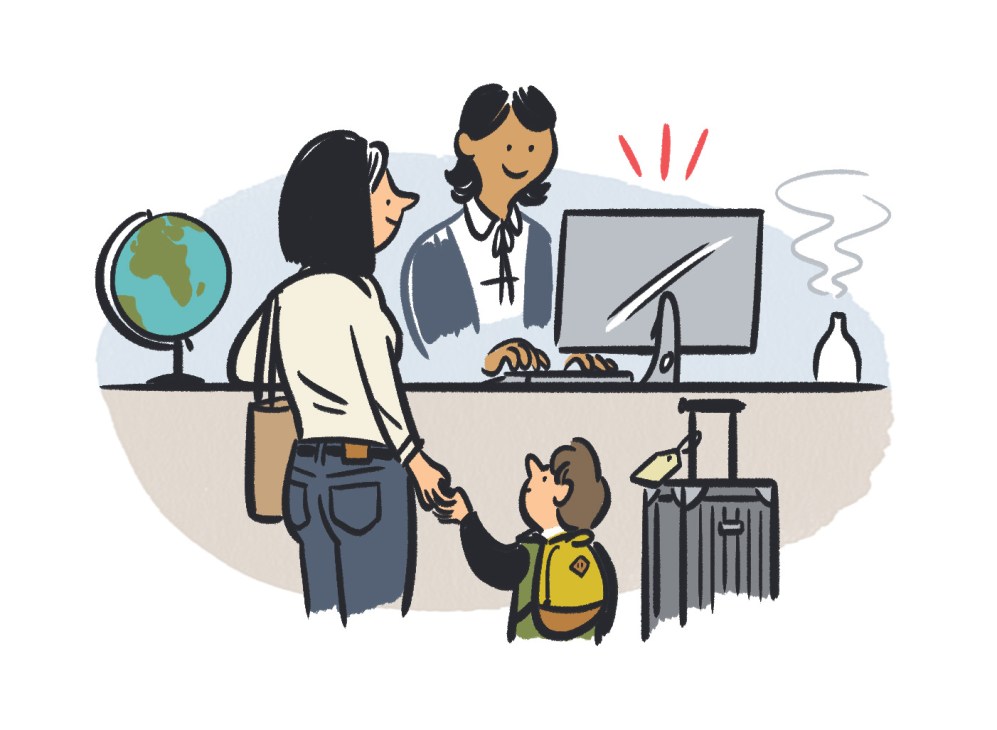 Illustration of a travel agent assisting customers at a desk with a computer and globe.