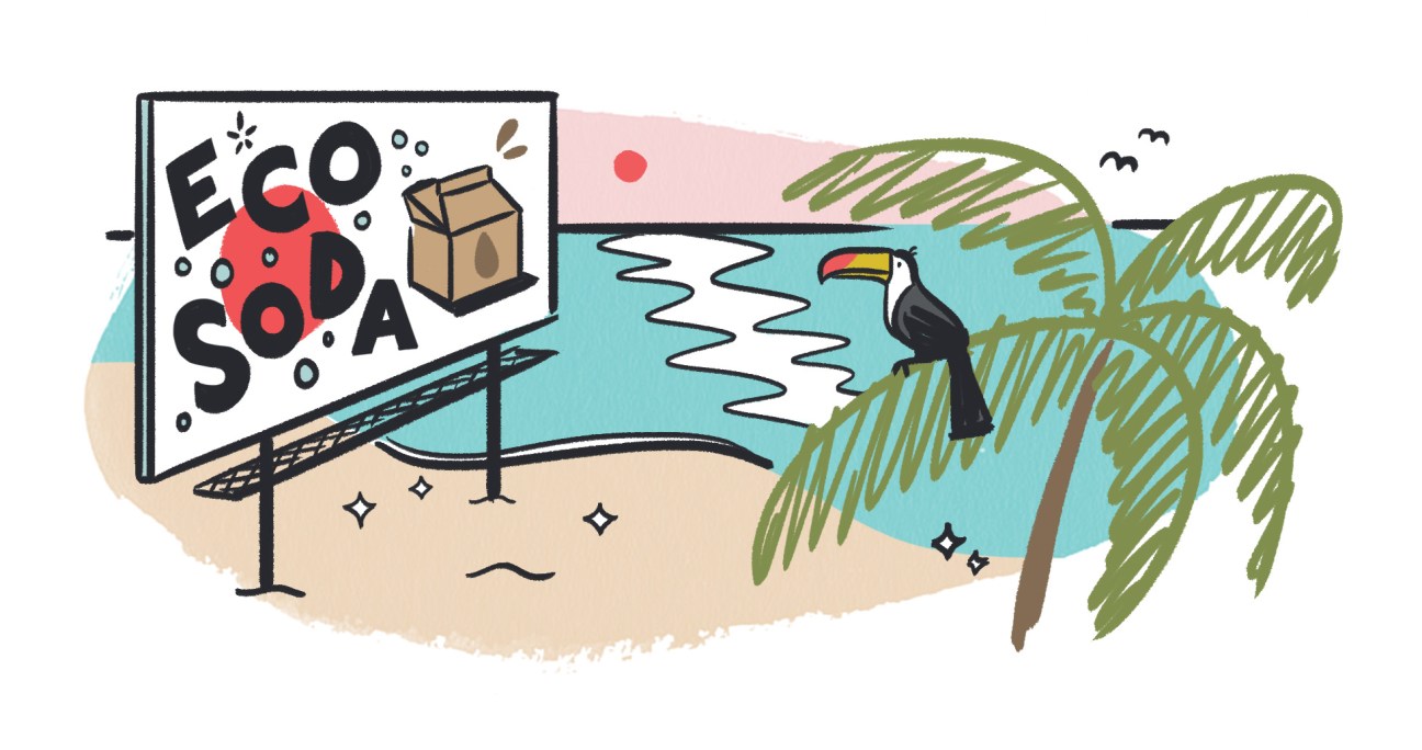 Illustration of a beach scene with an eco-friendly billboard about plastic waste solutions.