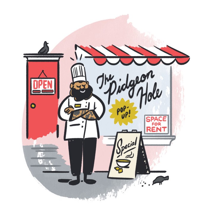 Illustration of a chef outside a pop-up restaurant storefront with a 'Space for Rent' sign.