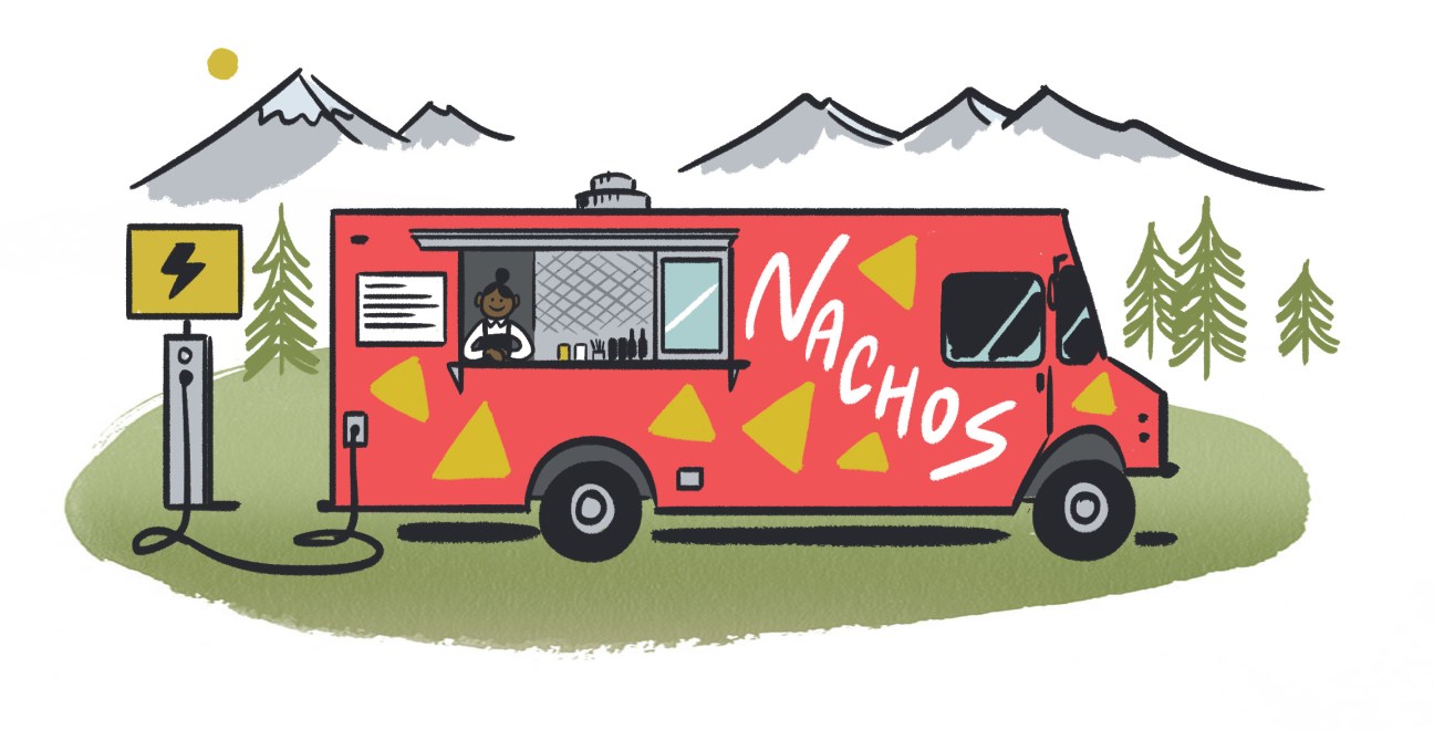 Illustration of a red food truck charging at an electric station with mountains and trees in background.