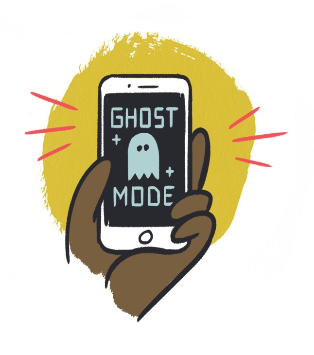 Illustration of a hand holding a smartphone displaying 'Ghost Mode' with a ghost icon on the screen, set against a yellow circular background with red lightning bolt shapes.