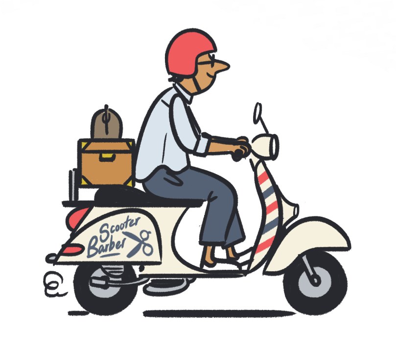 Illustration of a scooter driver with a passenger and cargo box labeled 'Scooter Barber'