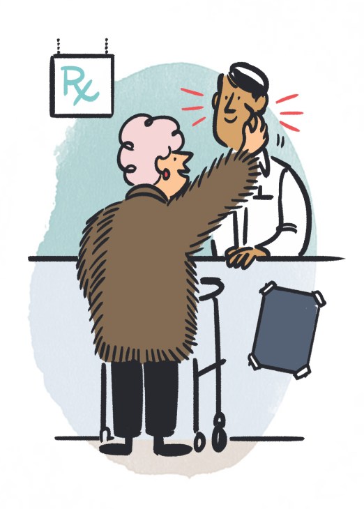Illustration of a pharmacist helping an elderly customer at a pharmacy counter with an Rx sign visible.