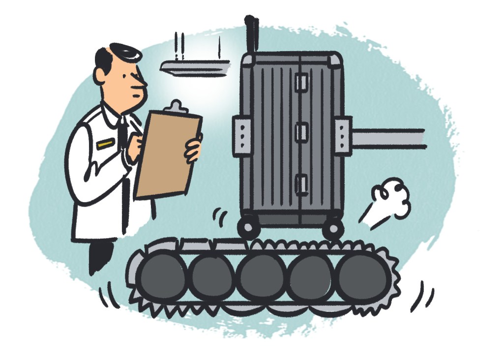 Illustration of an inspector examining a noisy wheeled suitcase with steam coming out of it.