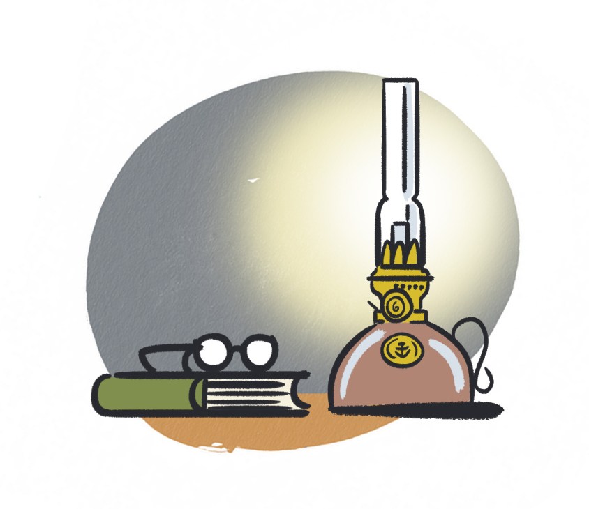 Illustration of a vintage oil lamp next to rolled scrolls and binoculars against a grey sphere.