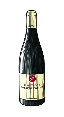 Illustration of a wine bottle with gold foil cap and cream-colored label with red emblem
