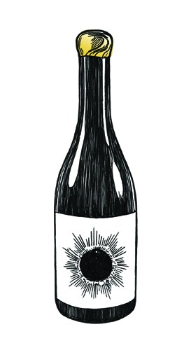 Illustration of a wine bottle with a black label featuring a sun design and gold foil cap.
