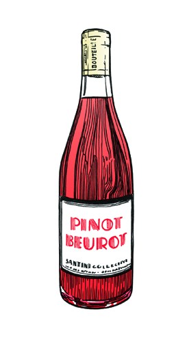 Illustration of a bottle of Santini Collective pinot beurot wine with red liquid and cream-colored label.