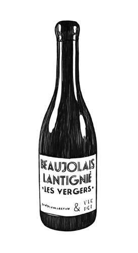 Illustration of a wine bottle labeled Beaujolais Lantignié Les Vergers by Santini Collective and Vin Noé.