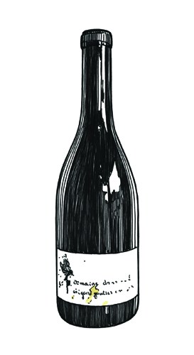 Illustration of a wine bottle with a white label against a white background.