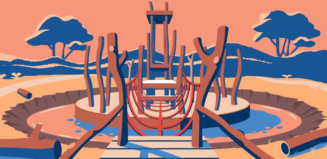 Illustration of a colorful playground with climbing structures, rope elements, and trees in a modern park setting.