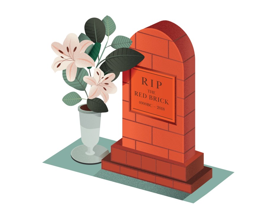 Illustration of a red brick tombstone reading 'RIP The Red Brick 1000BC–2018' with a flower vase beside it.