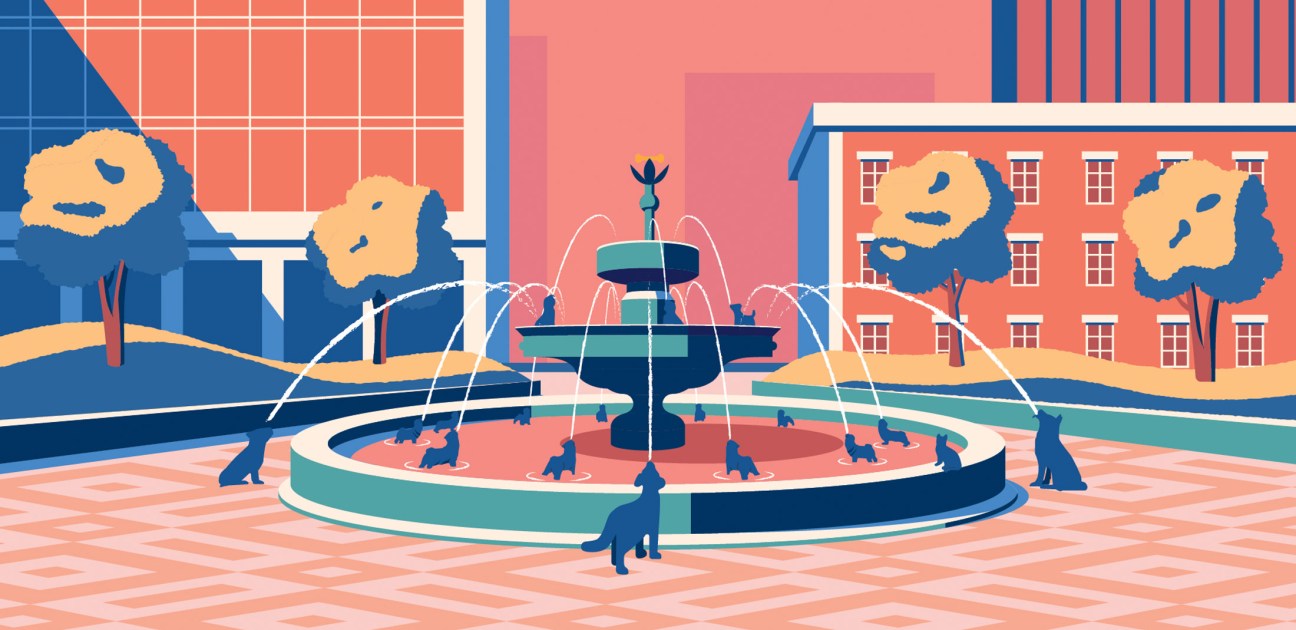 Illustration of Toronto's Berczy Park fountain with dog statues and water jets in a playful urban plaza setting.