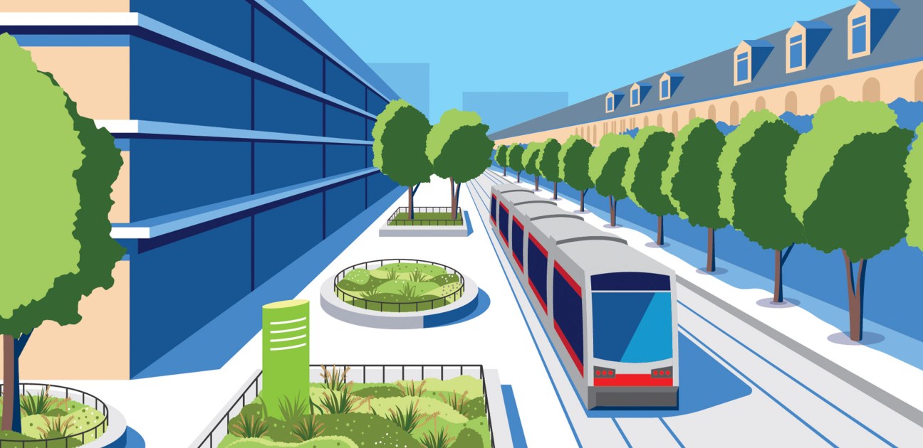 Illustration of Vienna's urban street with microparks, trees, green spaces and public seating along a tram line.