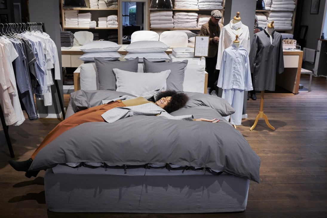 Geismars bedding store displaying Egyptian cotton sheets, pillows and luxury linens