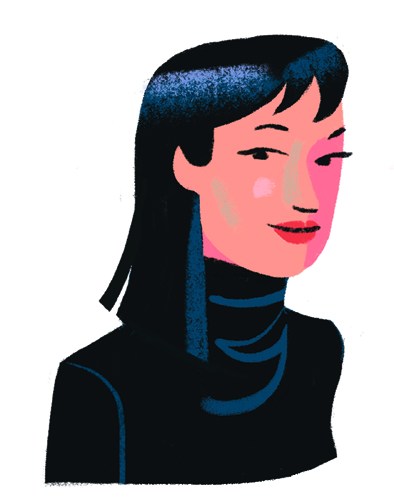 Illustrated portrait of a woman with long dark hair and pink skin tone against a white background.