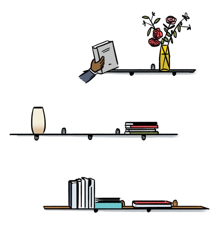 Illustration of three wall-mounted shelves displaying books, a vase with flowers, and a candle.