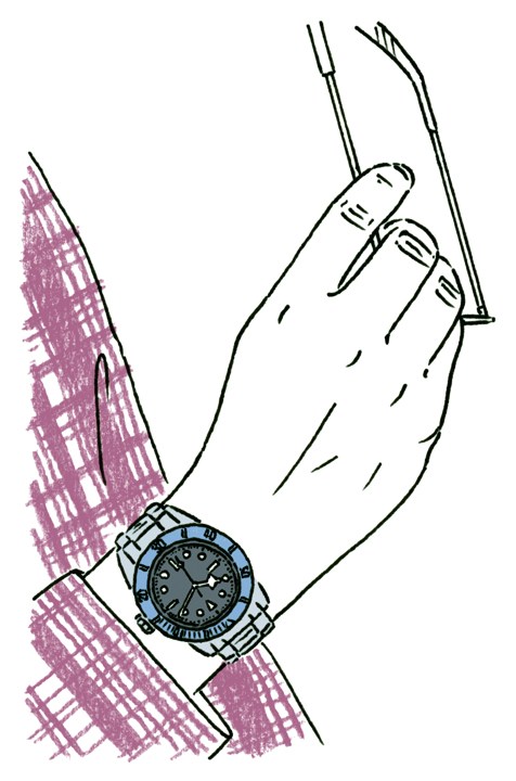 Illustration of a wrist wearing a Tudor Black Bay diving watch with blue dial and steel bracelet.