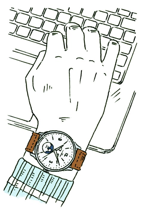 Illustration of a hand wearing the IWC Schaffhausen Portugieser chronograph watch with blue dial and brown leather strap.