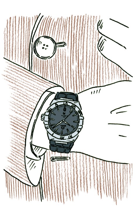Illustration of Omega Constellation Gents watch with steel case on wrist with coffee cup.