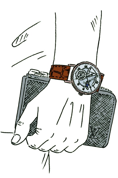 Illustration of a wristwatch with brown leather strap worn on a wrist with textured sleeve detail.