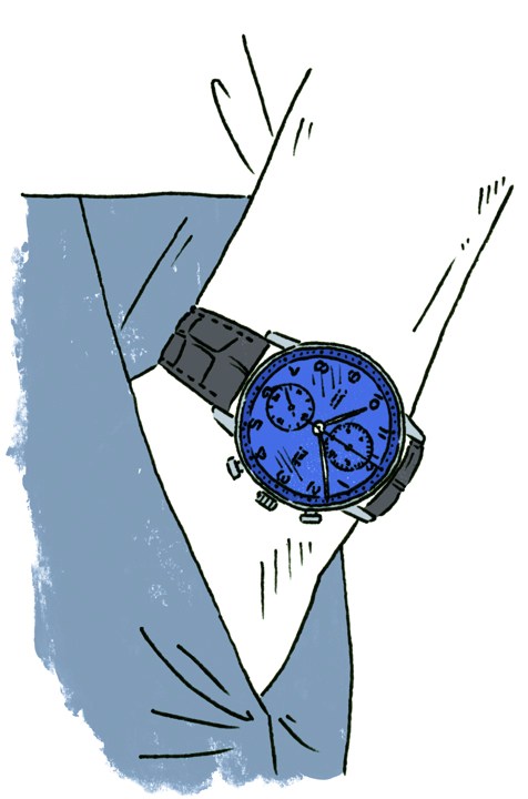 Illustration of a blue-dialed IWC Portugieser chronograph watch on a wrist with blue sleeve.