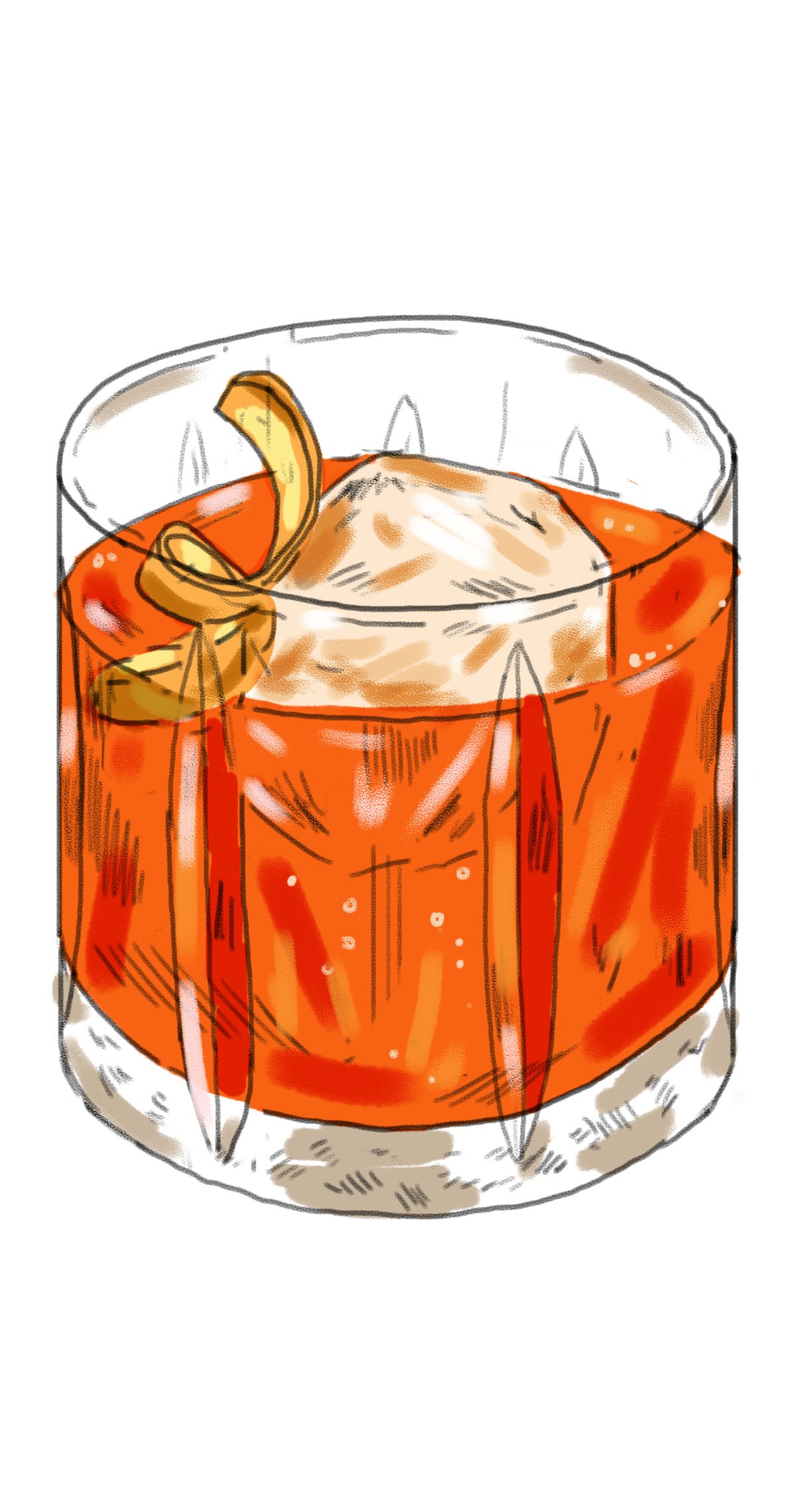 Illustration of a Negroni Sbagliato cocktail in a tumbler with orange twist garnish and ice.