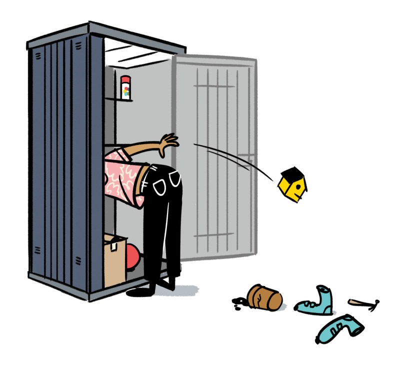 Illustration of a person organizing tools inside a galvanized steel storage cabinet.