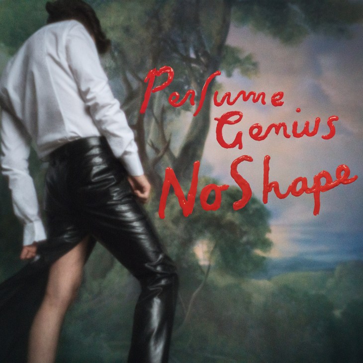 Album cover for No Shape by Perfume Genius featuring a person in white shirt and black pants against a misty nature background with red handwritten text.