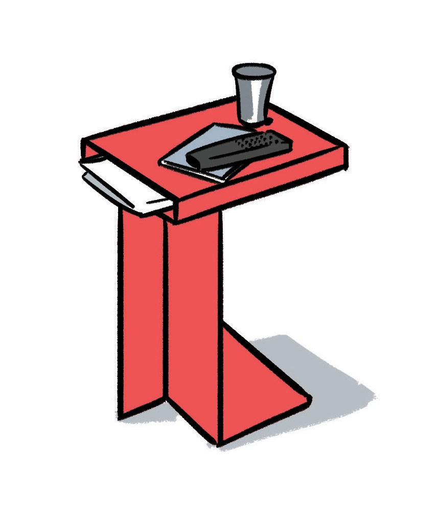 Illustration of a red powder-coated steel side table with a rectilinear slot for magazine storage.
