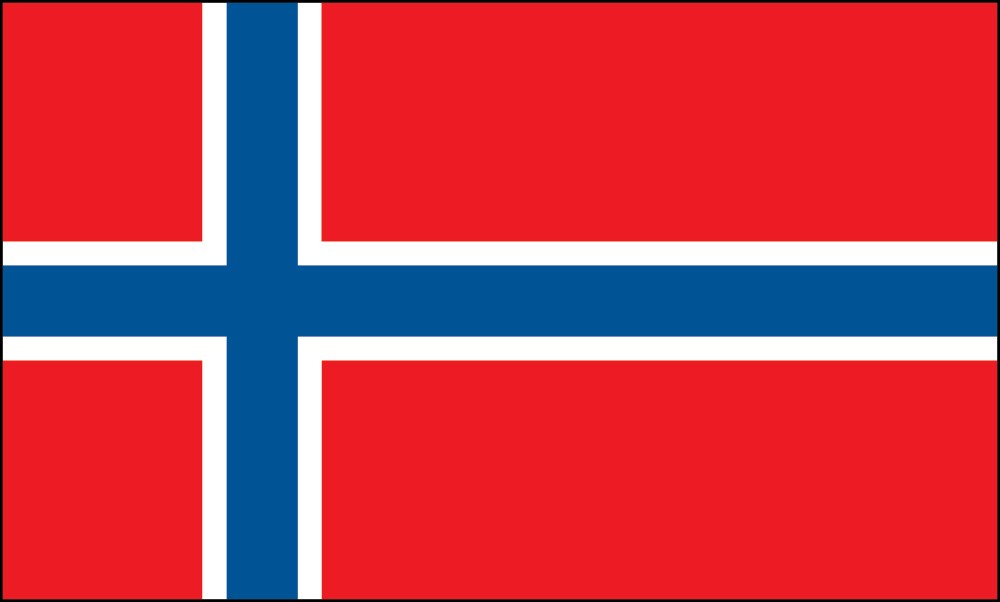 Norway's flag featuring a blue Nordic cross outlined in white on a red background.